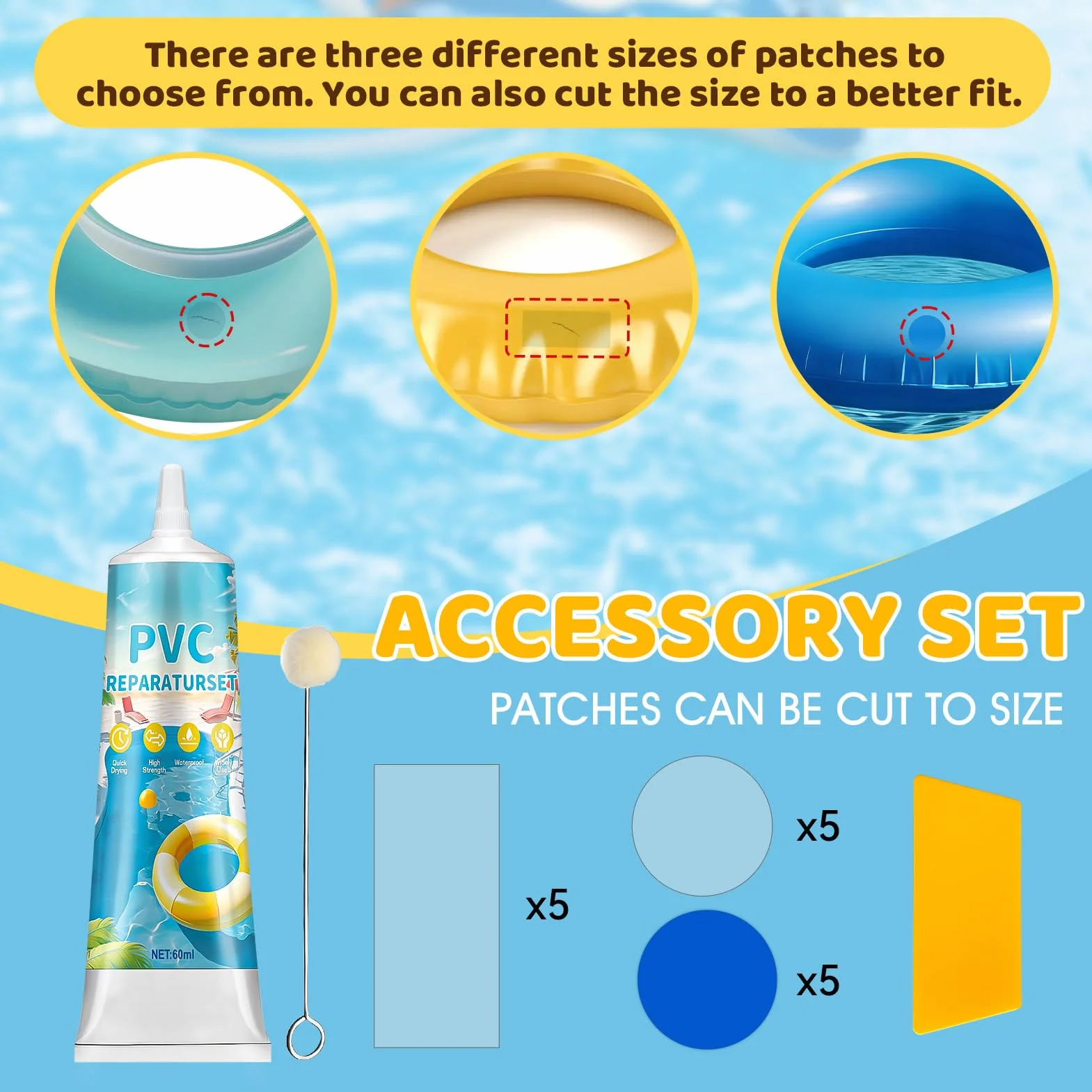Kit de Reparación de Piscinas PVC Impermeable Miioto Parches Piscina 60ml
