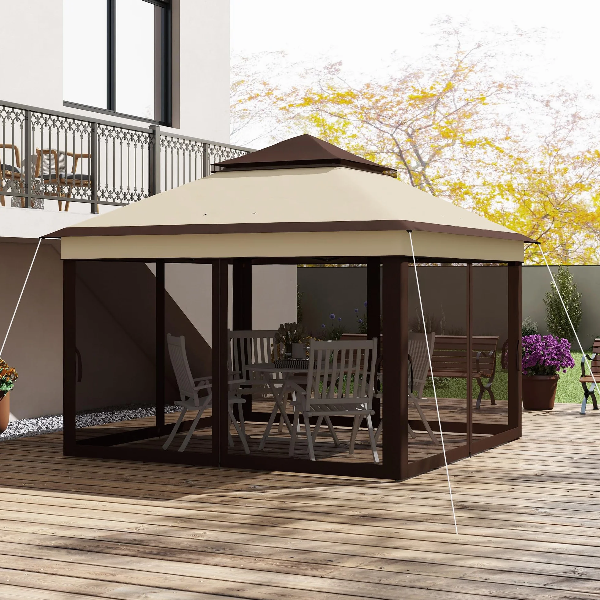 Outsunny Carpa Plegable 3x3x2,7 m Cenador de Jardín con Doble Techo Altura Ajustable 4 Mosquiteras Protección UV30+ Impermeable y Bolsa Gazebo para Exterior Fiestas Camping Beige y Café