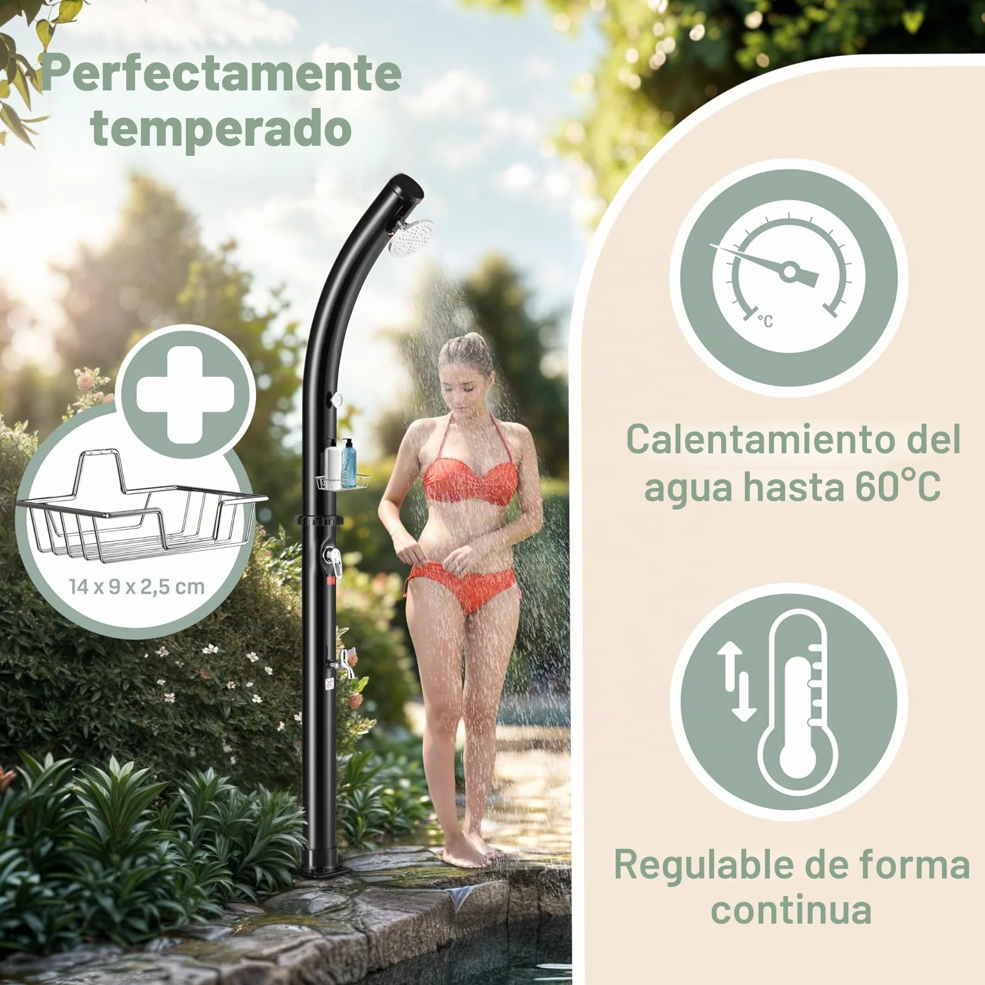 Monzana Ducha Solar Exterior 20L Cabezal Giratorio Lluvia Grifo Metal Conexión Rápida Manguera Agua Caliente Resistente Intemperie Camping Piscina Cubierta Protectora Negro