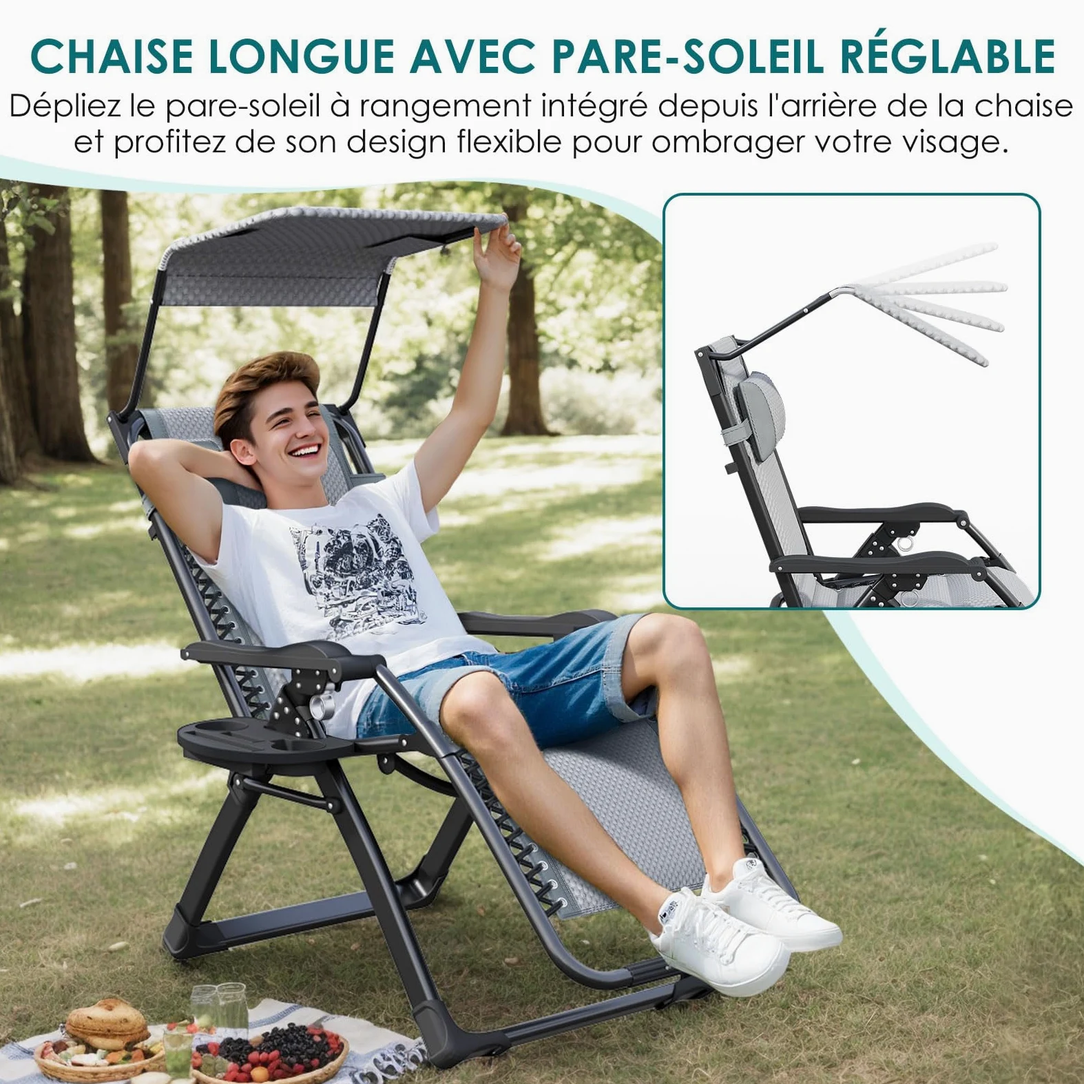 ATORPOK acolchado Zero Gravity Lounge Chair – Inclinación de Patio Plegable con toldo ajustable, reposacabezas y portalámparas para patio trasero, borde de piscina y playa (Gris)
