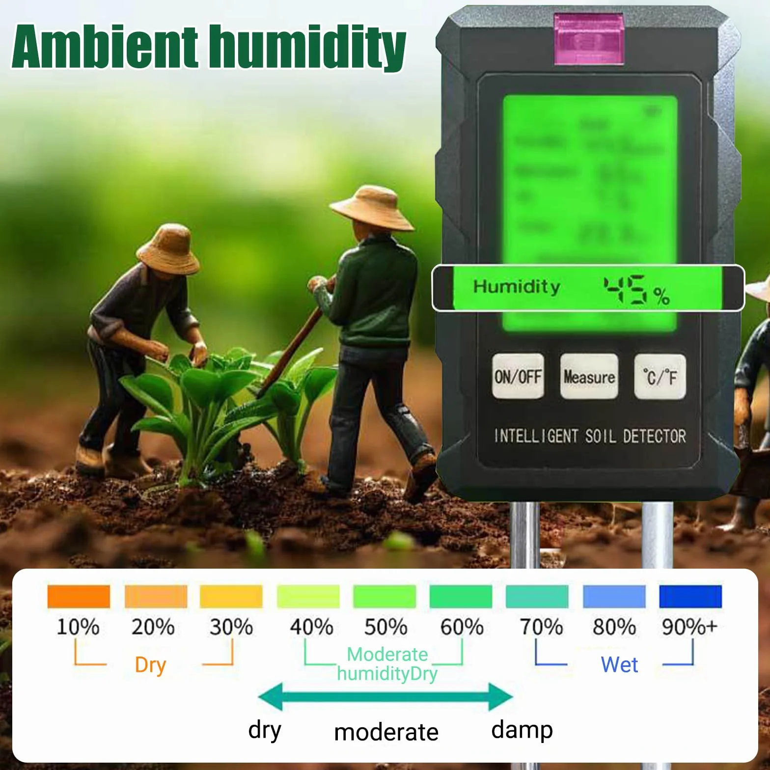 GAESHOW Medidor de Suelo 6 en 1, Medidor Digital de Humedad/Fertilidad/PH/Temperatura/Luz Ambiental/Humedad Ambiental con Pantalla LCD para Jardín