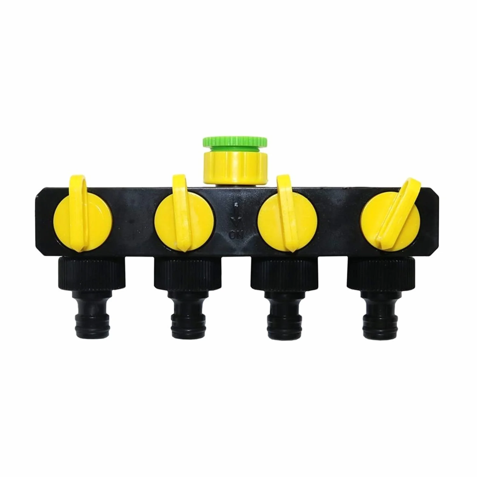 Grifo de jardín roscado europeo de 4 vías, roscas internas de 1/2 a 3/4 a 1 pulgada, fontanería de jardín duradera, amarillo, ideal para riego y riego eficientes