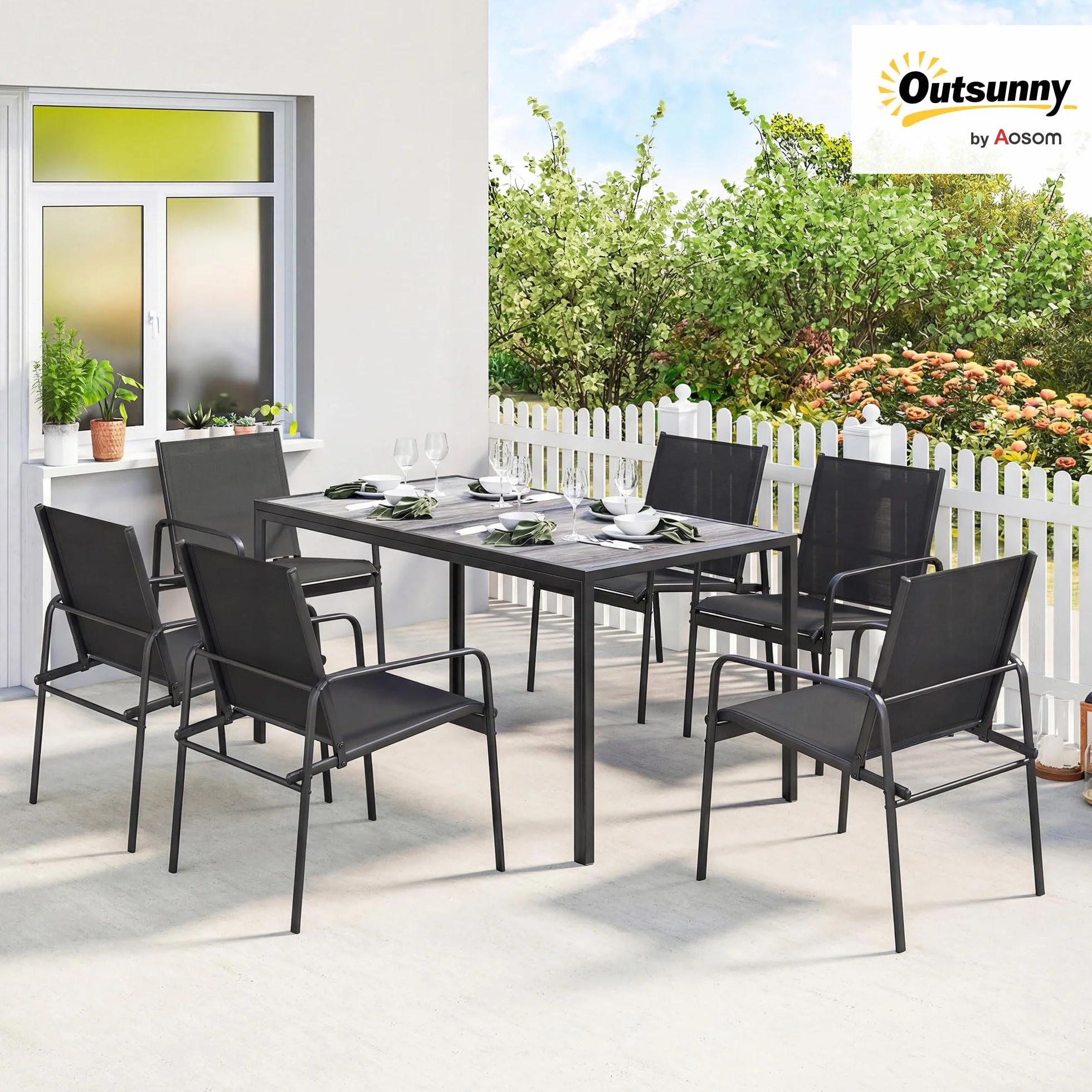 Outsunny Conjunto de Mesa y Sillas Jardín de 7 Piezas, Muebles de Jardín Exterior con Mesa de Efecto Madera y 6 Sillas con Asiento Transpirable, Marco de Acero Galvanizado, para Terraza, Patio, Negro