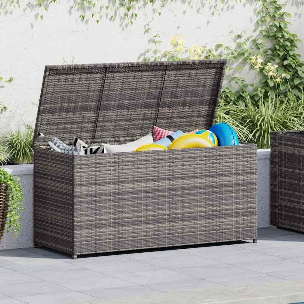 Caja para cojines de jardín gris 120 x 50 x 60 cm, de polirratán con bolsillo interior para cojines, cojines, mantas, cojines de asiento, juguetes y libros, resistente a la intemperie,