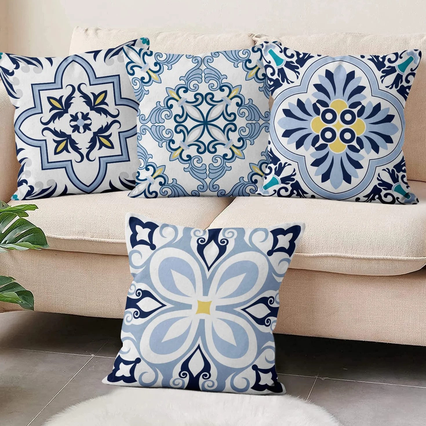 Funda de cojín Boho 50x50 Juego de 4, Azul y Amarillo Retro Geométrico Mandala Floral, Lino para Sofá Cama Exterior