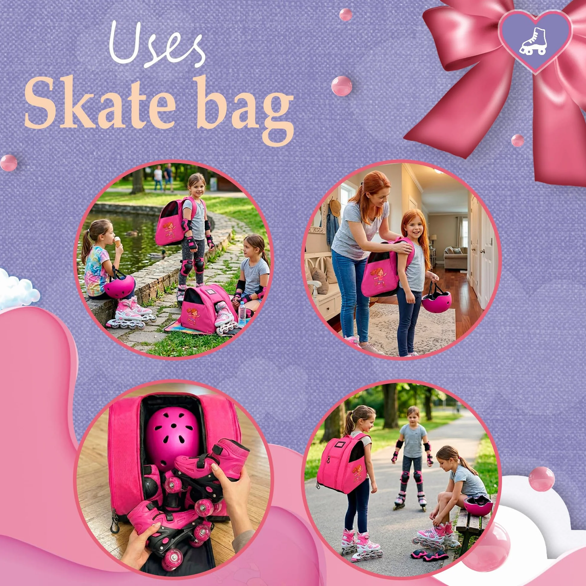 Bolsa para Patines para Niños Rosa Correa Ajustable Acolchada Mochila Patines Capacidad Accesorios Material Resistente Ligero